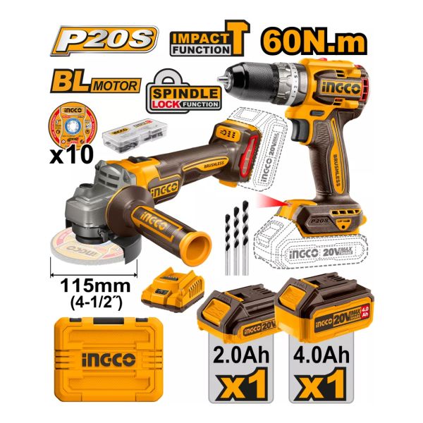 Amoladora 20v + Taladro Percutor +2 Baterias Ingco Ckli20273 - Imagen 2