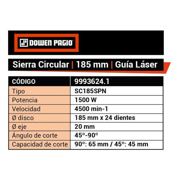 Sierra Circular 185mm Guia Láser 1500w Dowen Pagio 9993624.1 - Imagen 9