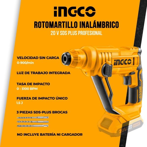 Rotomartillo Electroneumático Ingco P20s Crhli1601 Inalámbrico Amarillo Con 110w De Potencia - Imagen 3