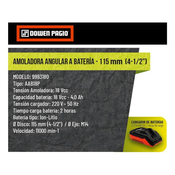 Amoladora 4.5 Pulgadas Batería 18v 4.0ah Dowen Pagio 999318 Color Naranja Frecuencia 50 Hz - Imagen 9