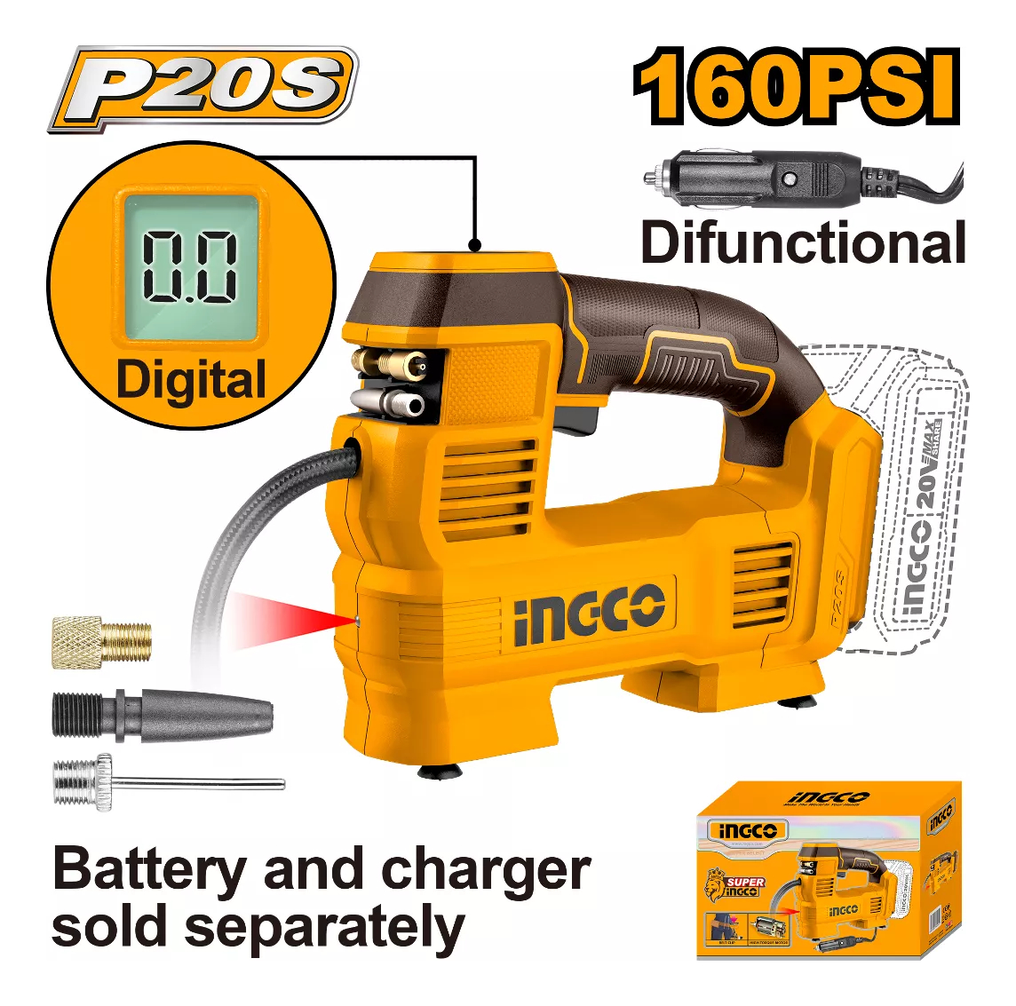 Compresor Aire 160psi 11bar 20v + 1 Bateria 4ah + Carg Ingco - Imagen 4
