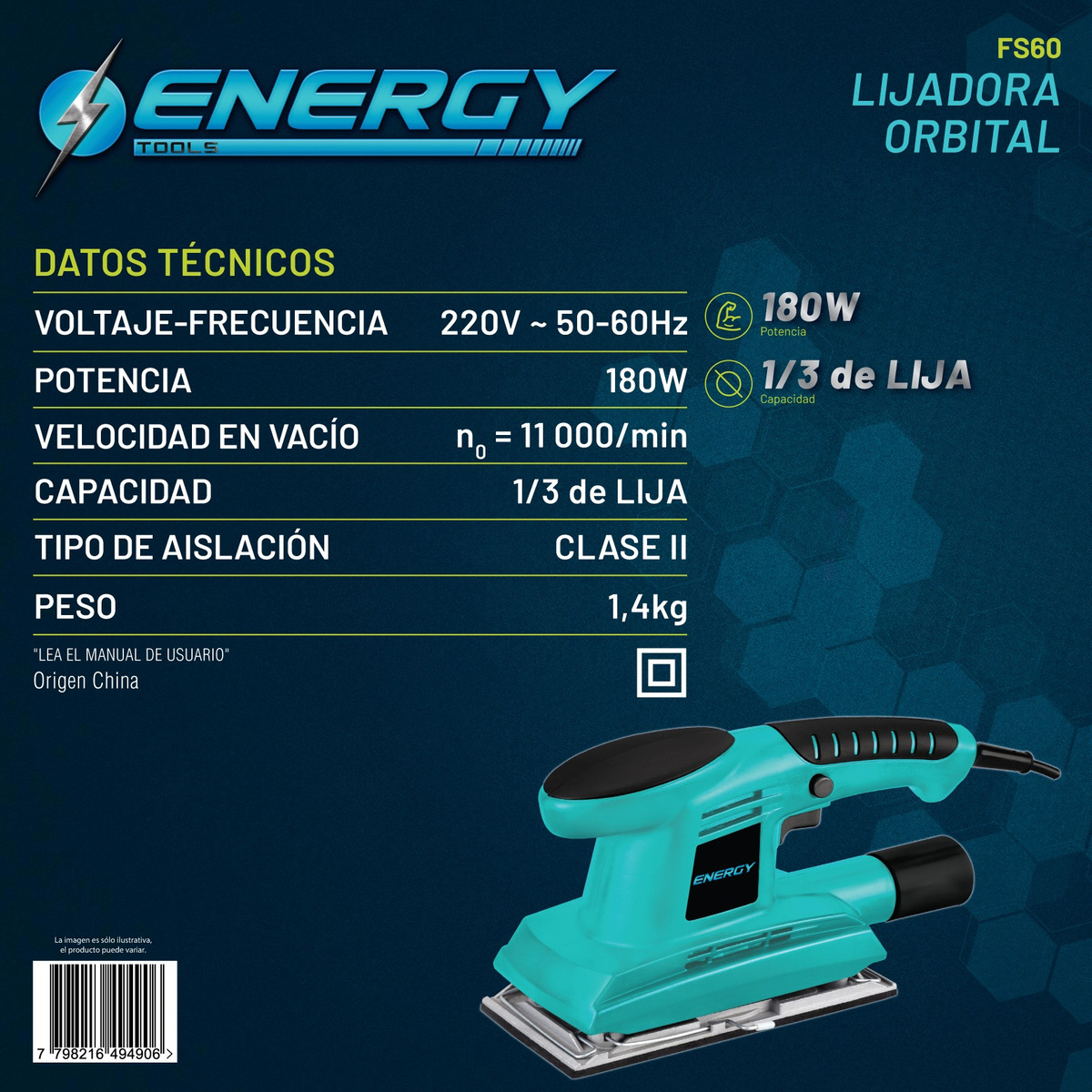 Lijadora Orbital - 1/3 De Lija Energy Fs60 Color Turquesa - Imagen 2