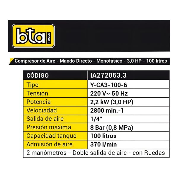 Compresor De Aire Eléctrico Portátil Bta Tools Y-ca3-100-6 100l 3hp - Imagen 3