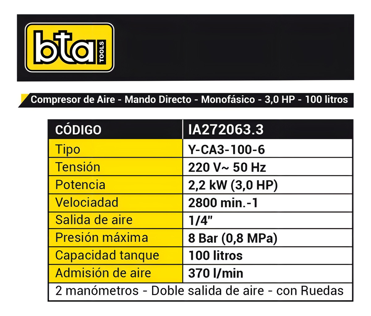 Compresor De Aire Eléctrico Portátil Bta Tools Y-ca3-100-6 100l 3hp - Imagen 3