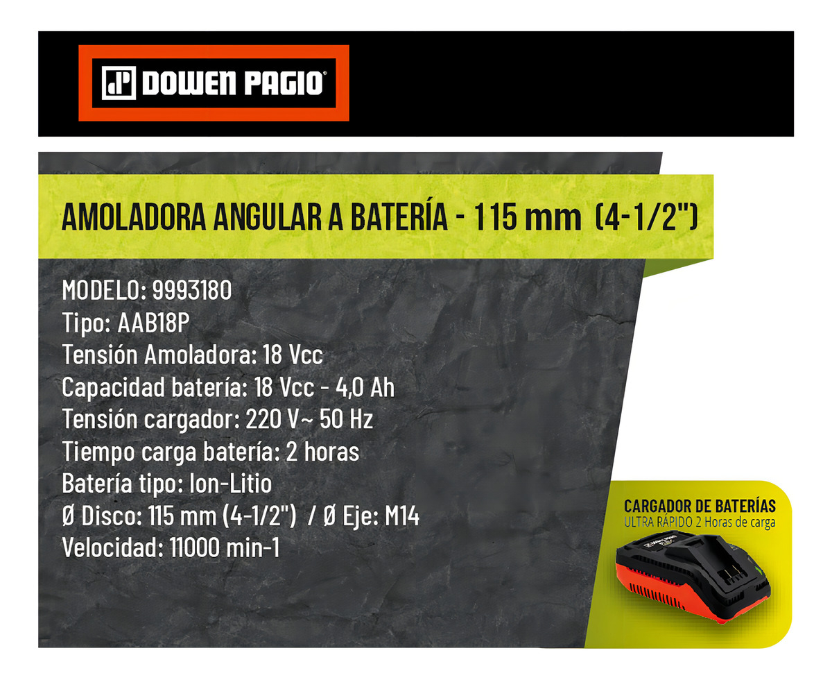 Amoladora 4.5 Pulgadas Batería 18v 4.0ah Dowen Pagio 999318 Color Naranja Frecuencia 50 Hz - Imagen 9