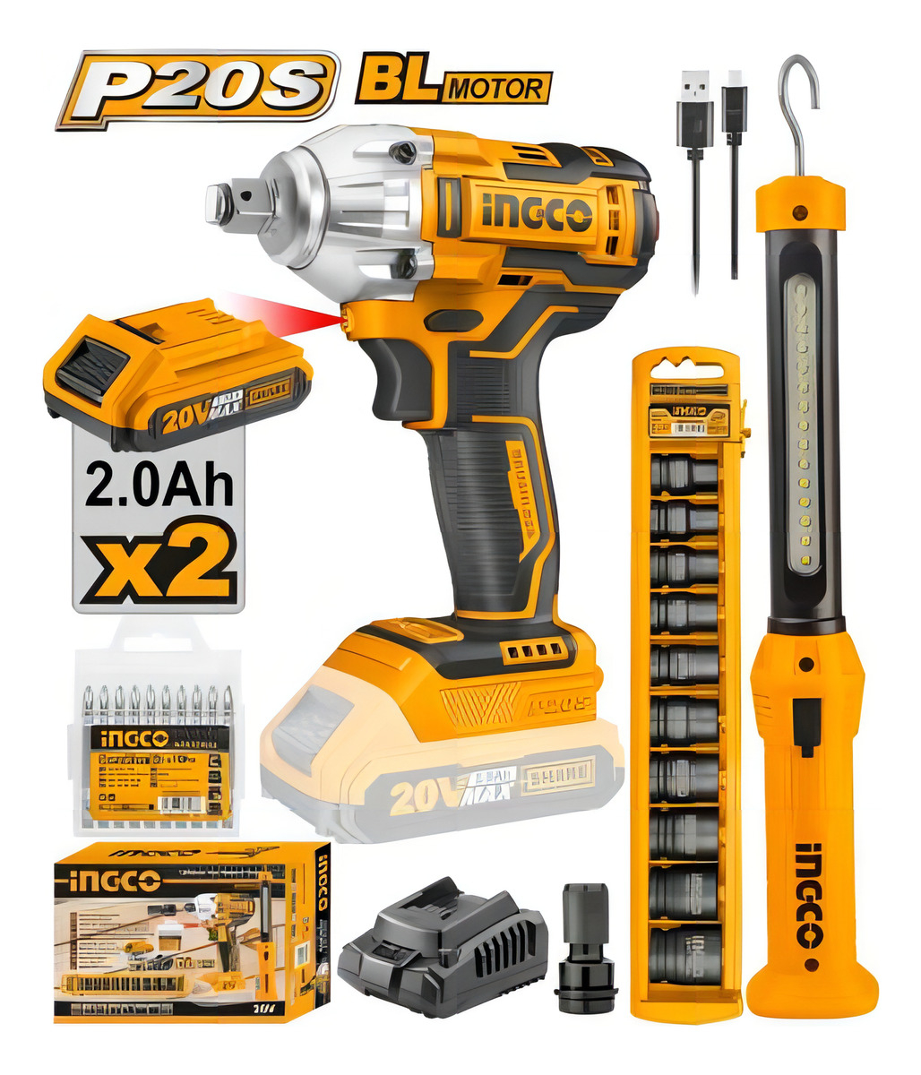 Llave De Impacto 20v 2 Baterías Sin Carbones Ingco + Acceso. Color Amarillo - Imagen 2
