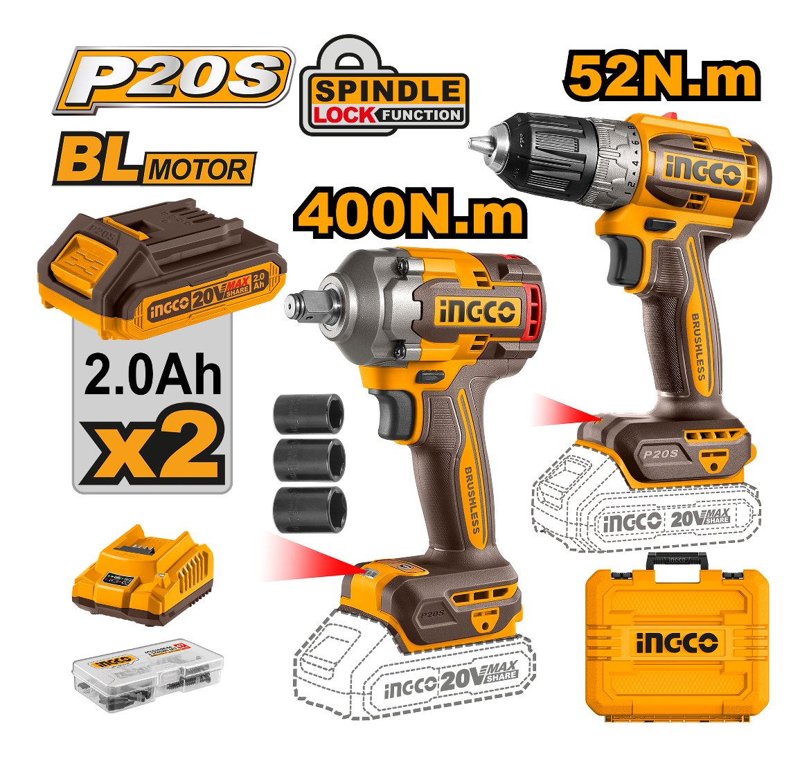 Set Llave Impacto 20v 400nm + Atornillador Ingco Ckli20271 - Imagen 3