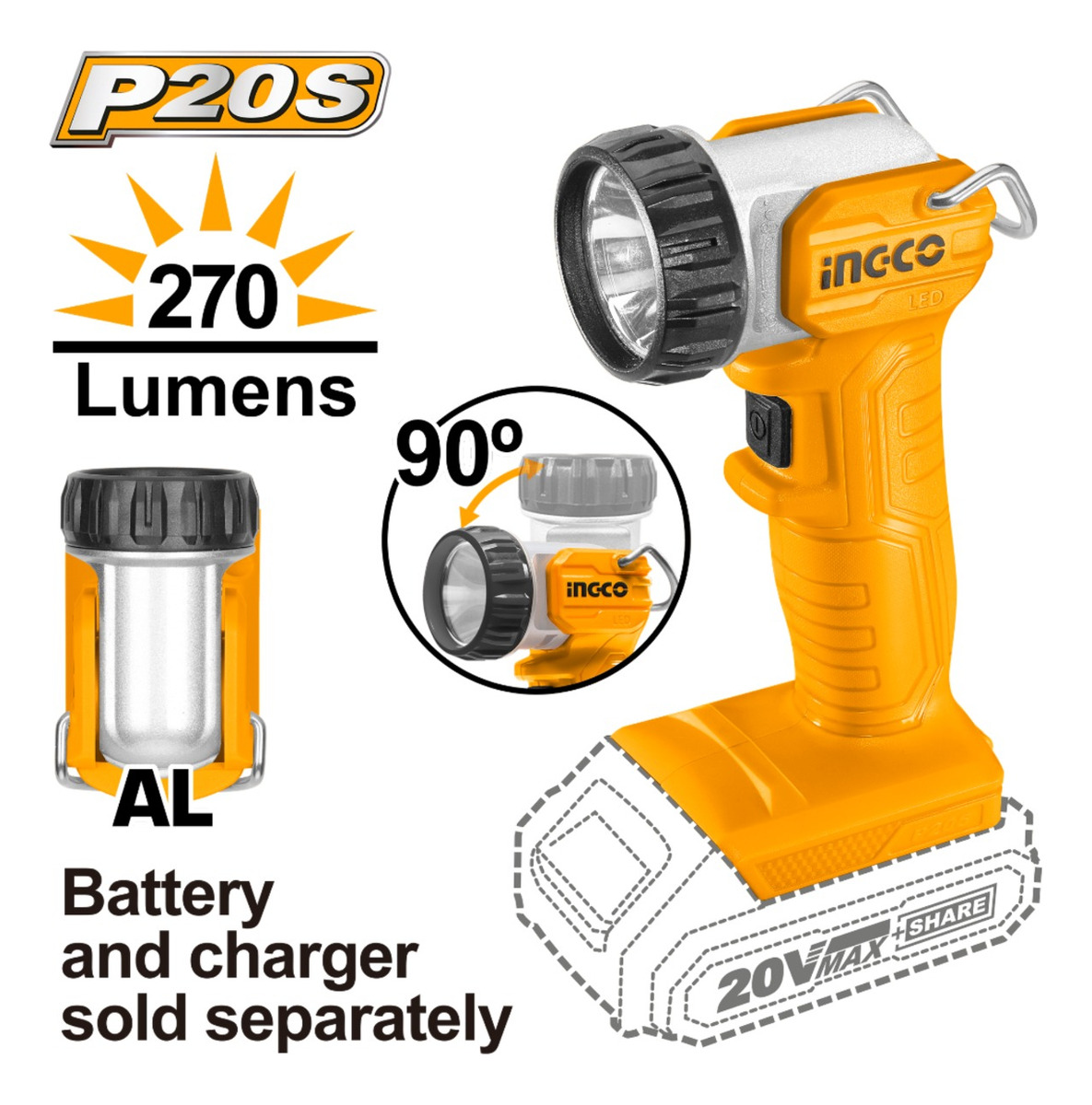 Linterna 20v A Bateria 270 Lumens Ingco Cwli2038 - Imagen 3