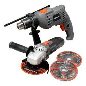 Kit Taladro Percutor + Amoladora Angular Color Gris Frecuencia 50-60hz