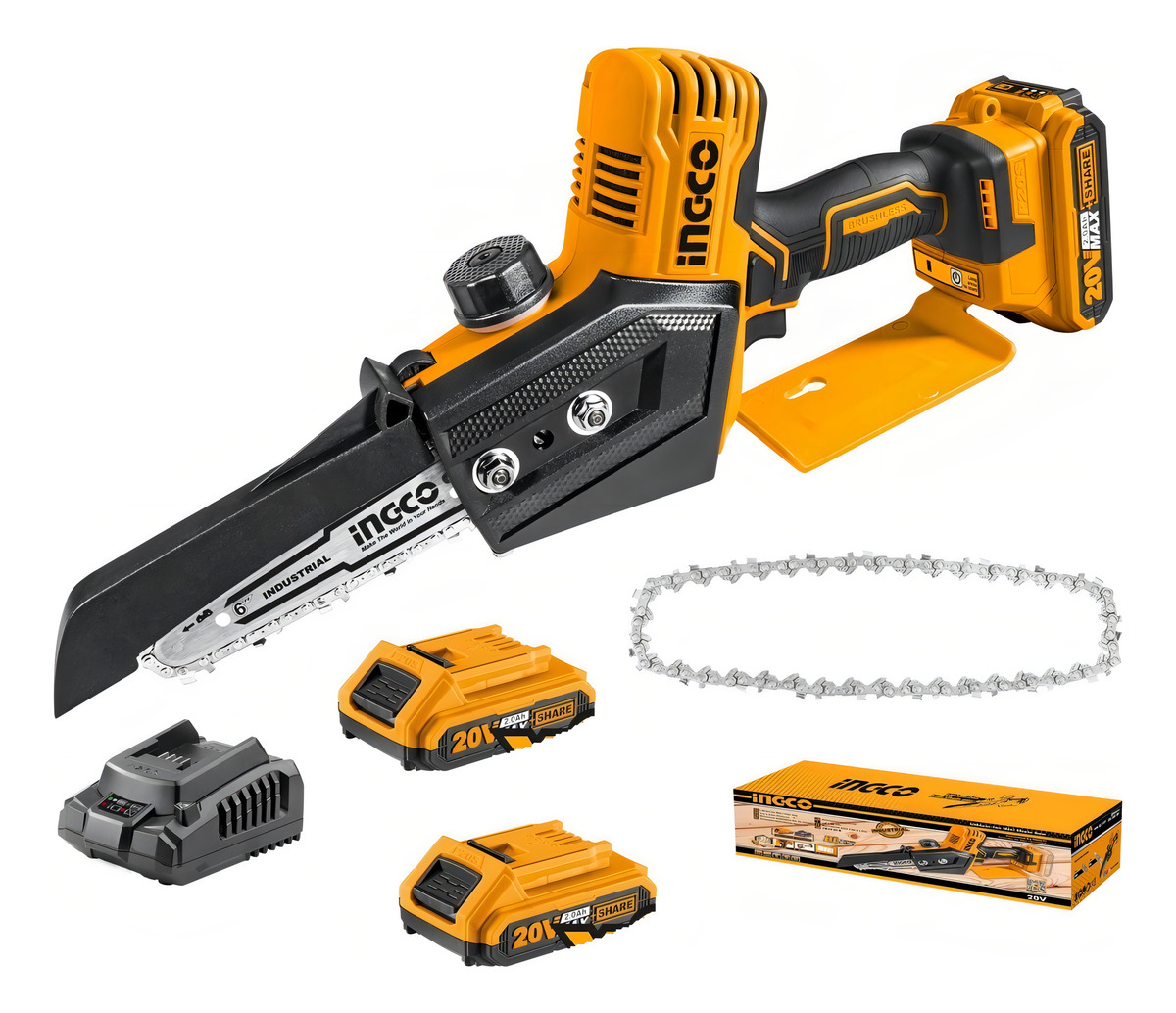 Mini Motosierra C/2 Baterías Y Cargador Ingco -ferrejido Color Amarillo