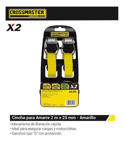 Cincha Cinta Amarre 2 Unidades 2 M X 25mm 408 Kg Crossmaster Color Amarillo - Imagen 3