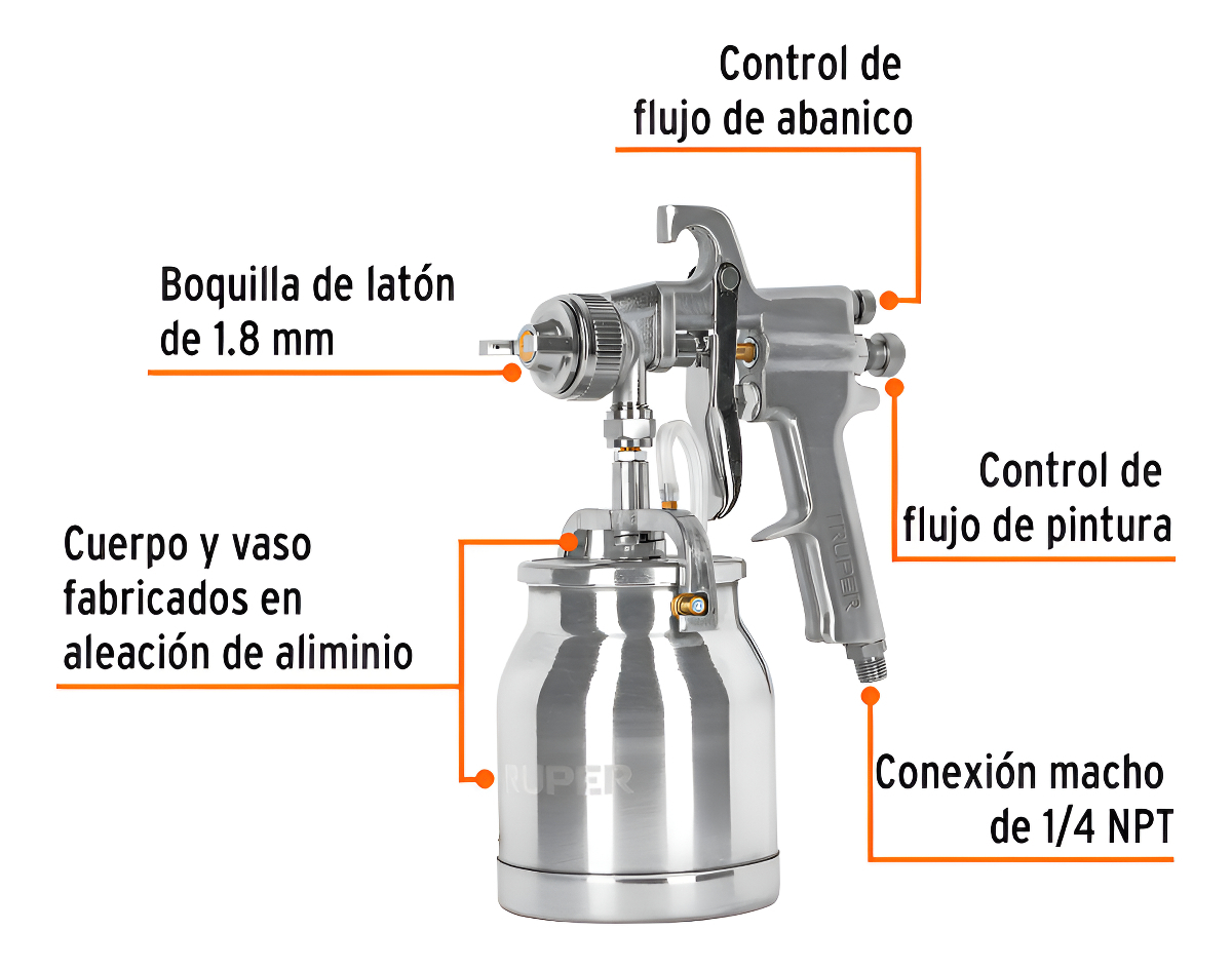 Pistola Para Pintar Alta Presion Aluminio Vaso 1l Truper Color Plateado - Imagen 8