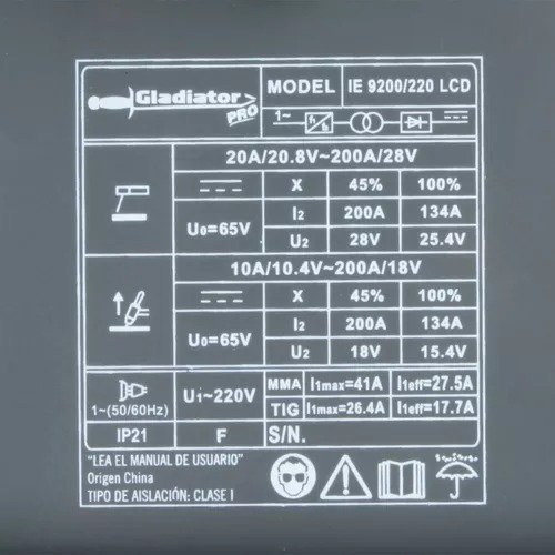 Soldadora Inverter Lcd 200a Gladiator Pro Ie9200/220lcd Color Gris Frecuencia 50-60hz - Imagen 9