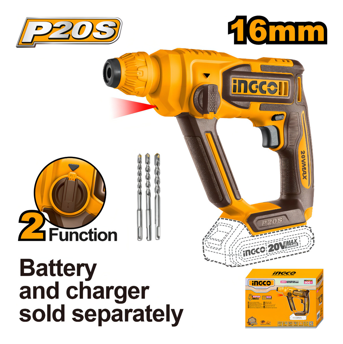 Rotomartillo Electroneumático Ingco P20s Crhli1601 Inalámbrico Amarillo Con 110w De Potencia - Imagen 6