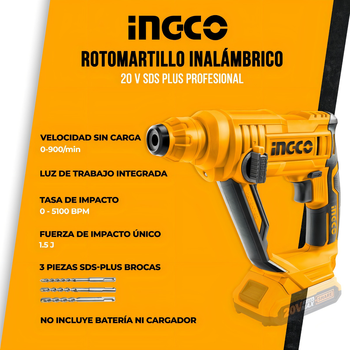 Rotomartillo Electroneumático Ingco P20s Crhli1601 Inalámbrico Amarillo Con 110w De Potencia - Imagen 2