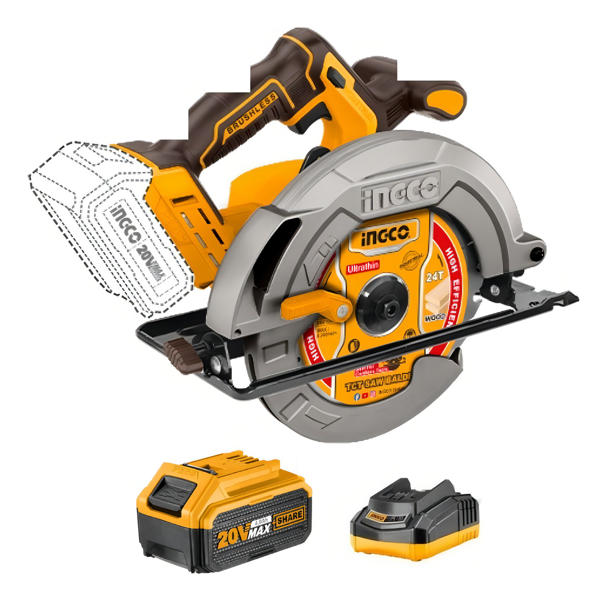 Sierra Circular Inalámbrica 7 1/4 Con Bat 4.0ah Y Cargador Color Amarillo Frecuencia Naranjo Ingco Industrial Csli1851