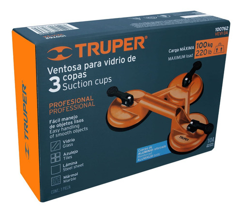 Ventosa De Aluminio P/vidrio 3 Copa De Succión Truper 100762 - Imagen 2