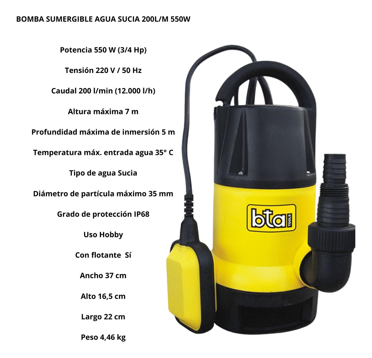 Bomba Sumergible De Desagote Bta Tools 195070 200 L/min 550w - Imagen 2
