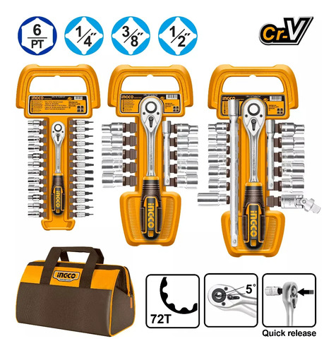 Set 57 Piezas Crique Dados 1/4 3/8 1/2 Bolso Ingco Cos23092 Amarillo - Imagen 2