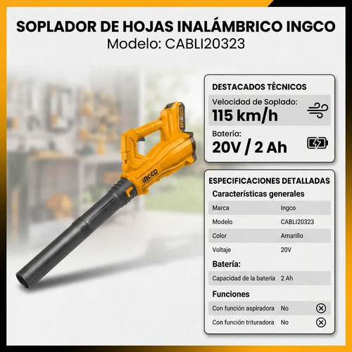 Sopladora Ingco 20v Sin Batería Ni Cargador Amarillo - Imagen 2
