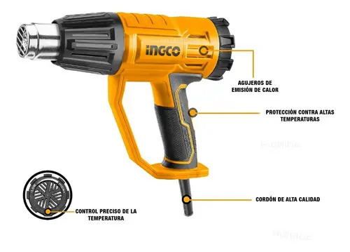 Pistola De Calor 2000w C Set De Boquillas Hg200047 Ingco Amarillo - Imagen 3