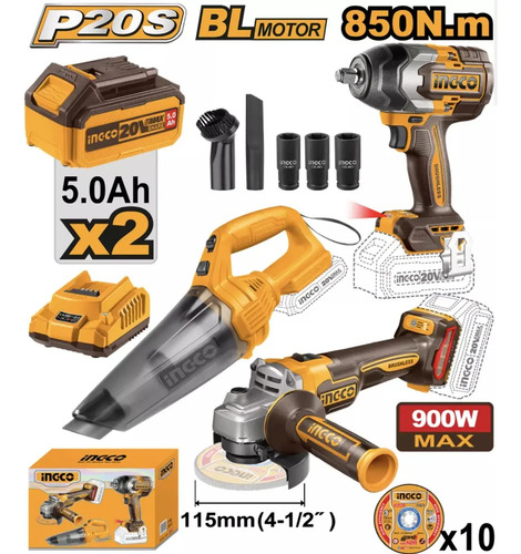 Llave De Impacto 20v 850nm +amoladora 4 1/2 +aspirad Ingco Amarillo - Imagen 2