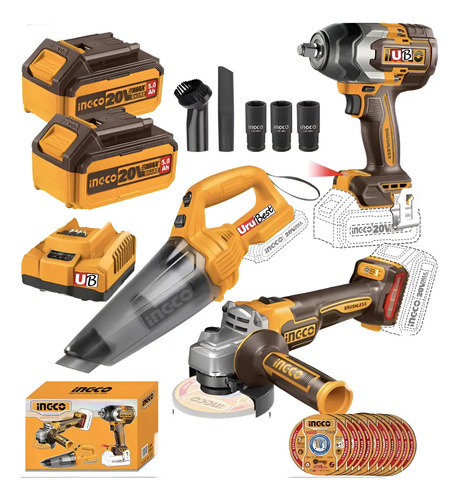 Llave De Impacto 20v 850nm +amoladora 4 1/2 +aspirad Ingco Amarillo