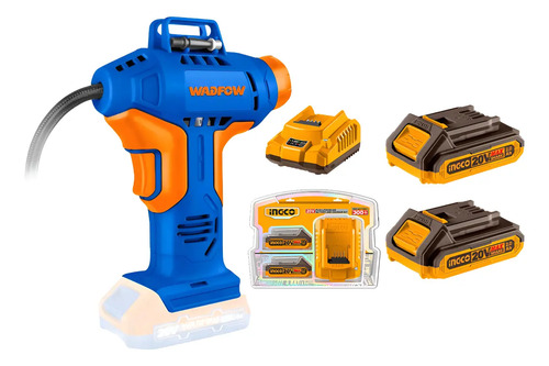 Inflador Compresor 20v P20s Wadfow +2 Bateria +carador Ingco Azul 50-60 Monofásica