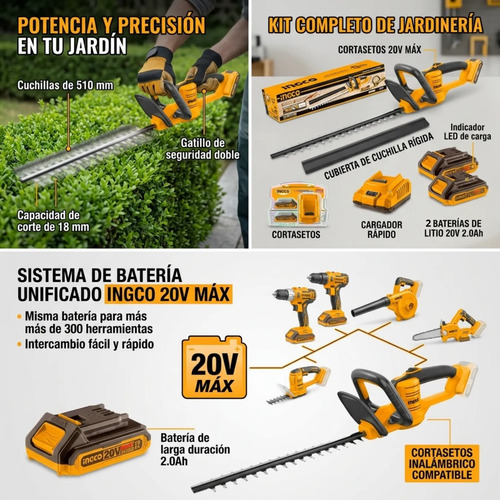 Kit Corta Cerco Chtli200181 + 2 Bat + Carg 20v P20s Ingco Naranja - Imagen 4