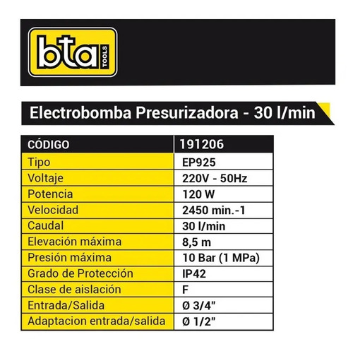 Bomba Presurizadora Elevadora Presión 30l/m 10bar 120w Ep925 - Imagen 2