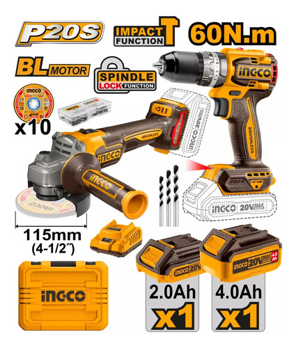 Amoladora 20v + Taladro Percutor +2 Baterias Ingco Ckli20273 Naranja Claro 50hz/60hz - Imagen 2