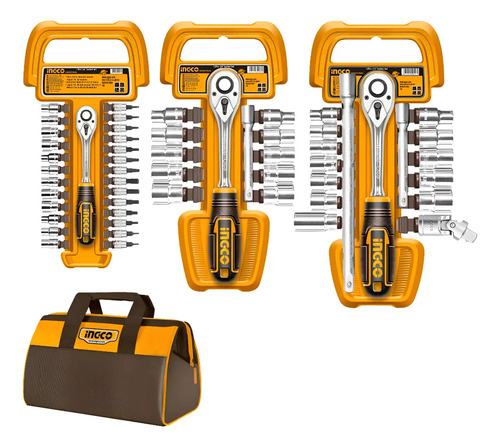 Set 57 Piezas Crique Dados 1/4 3/8 1/2 Bolso Ingco Cos23092 Amarillo