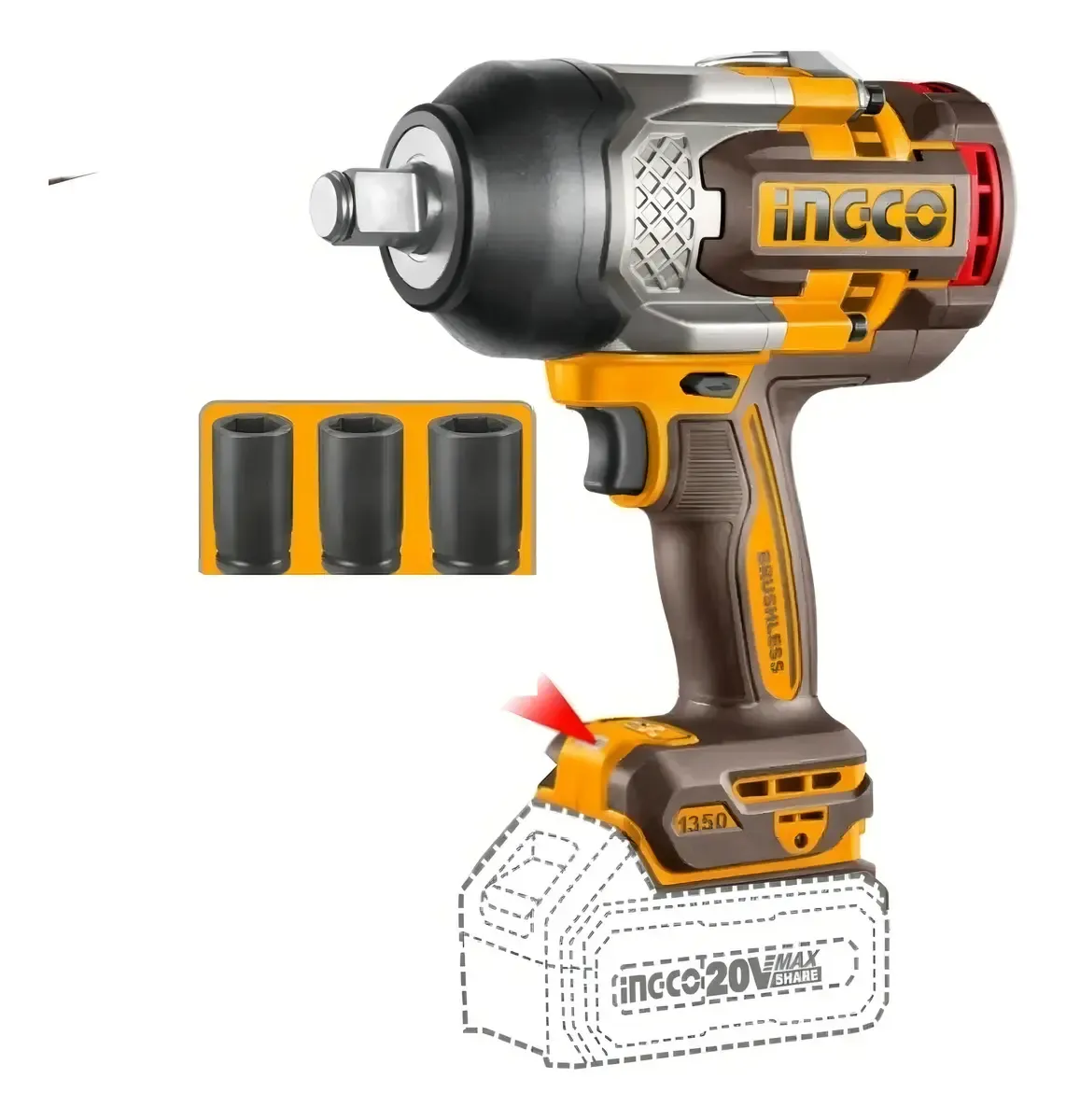 Llave de Impacto Inalámbrica Ingco Industrial CIWLI201351 Color Amarillo