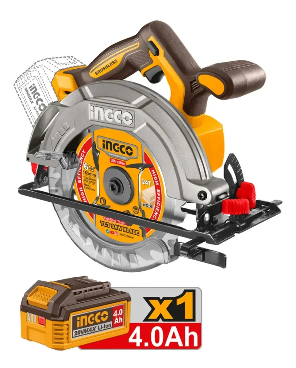 Sierra Circular A Batería Ingco 20v Motor Sin Carbones Csli1 Amarillo 50hz/60hz - Imagen 2