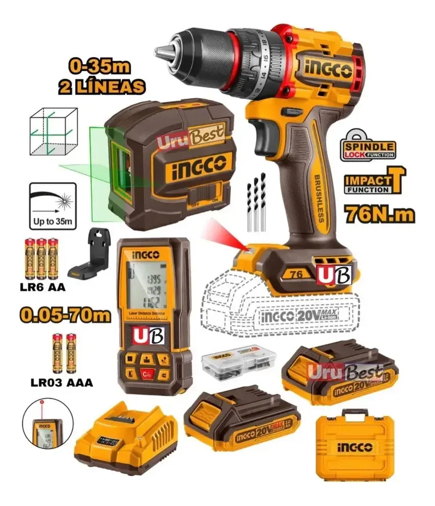 Kit Taladro Atornillador Percu + Nivel Y Medidor Láser Ingco - Imagen 4