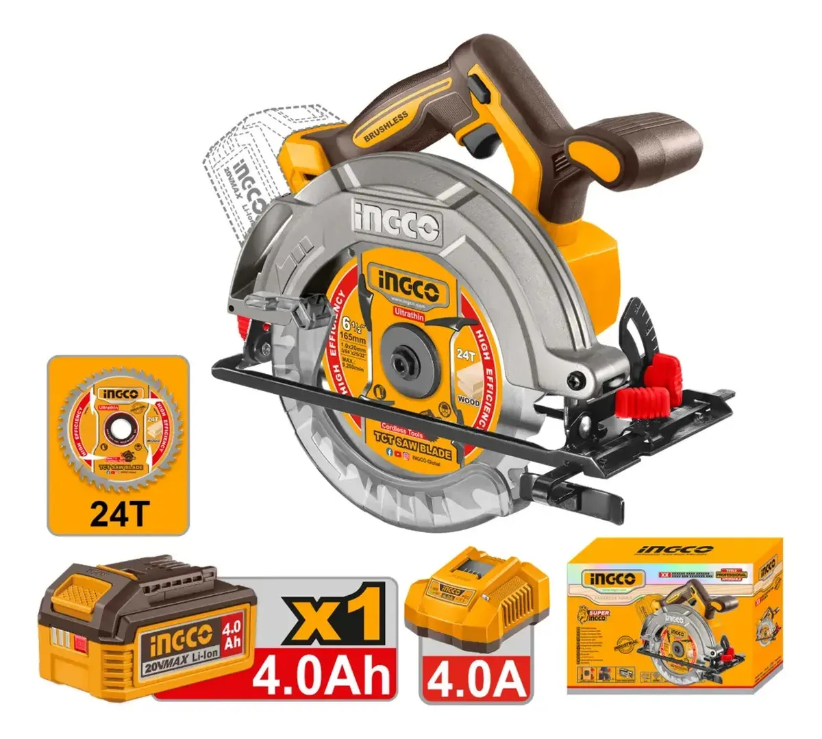 Sierra Circular A Batería Ingco 20v Motor Sin Carbones Csli1 Amarillo 50hz/60hz - Imagen 3