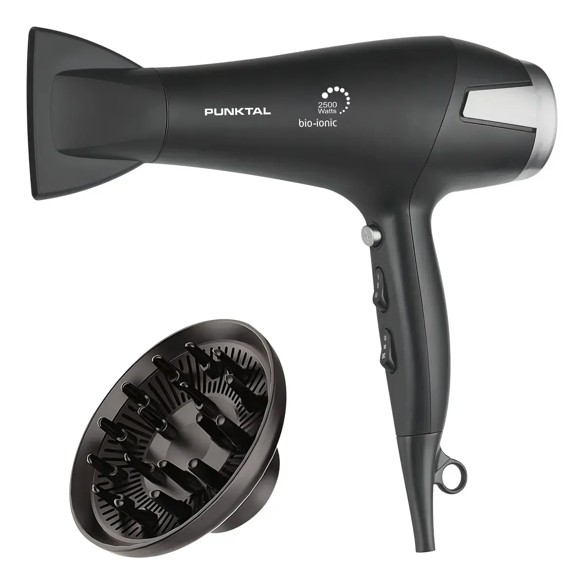 Secador De Pelo Punktal Pk-2500 Ion Con Difusor 2500w 3 Niveles De Calor 2 Velocidades Cable De 1,70 Mts