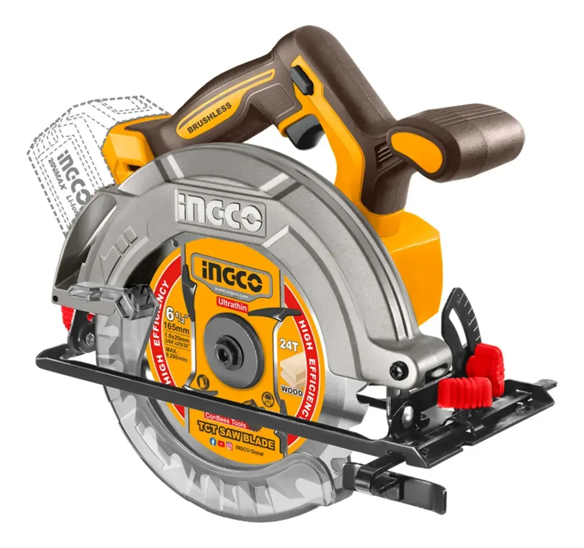 Sierra Circular A Batería Ingco 20v Motor Sin Carbones Csli1 Amarillo 50hz/60hz