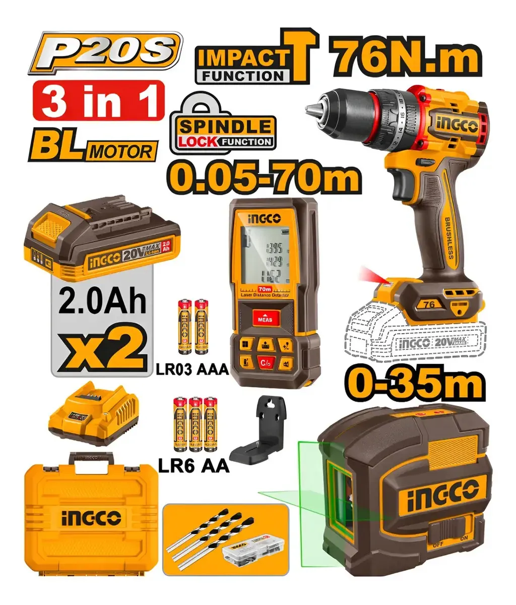 Kit Taladro Atornillador Percu + Nivel Y Medidor Láser Ingco - Imagen 2