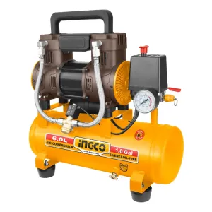 Compresor 6l 1.5hp Libre D Aceite Bajo Ruido Ingco Acs111062 Amarillo 50hz/60hz Monofásica