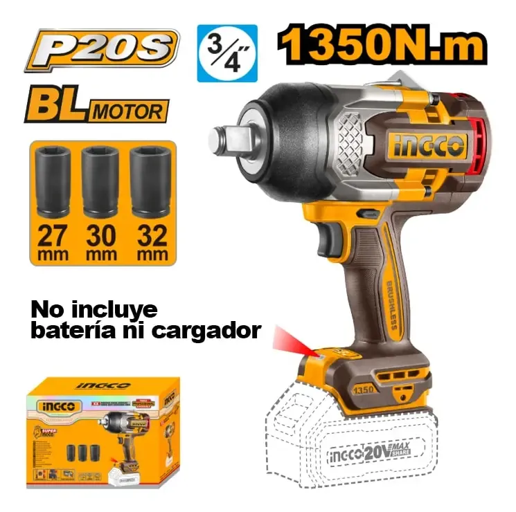 Llave de Impacto Inalámbrica Ingco Industrial CIWLI201351 Color Amarillo - Imagen 5