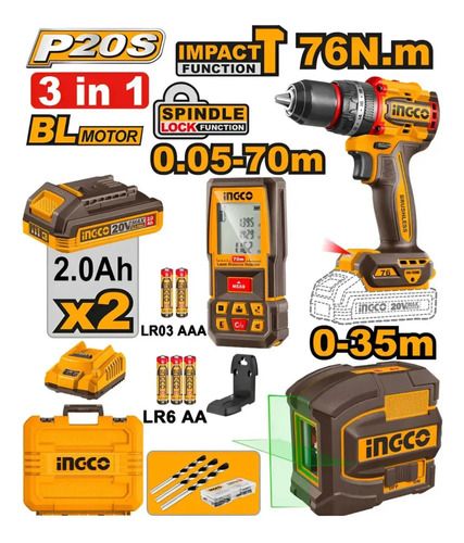 Kit Taladro Atornillador Percu + Nivel Y Medidor Láser Ingco - Imagen 3
