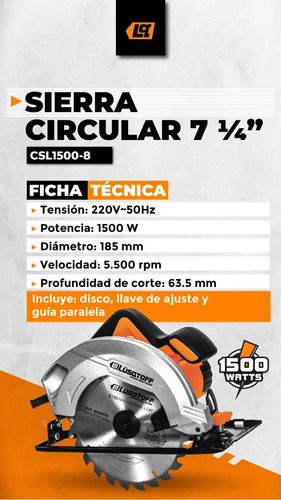 Sierra Circular Eléctrica Lüsqtoff Csl1500-8 185mm 1.5kw Naranja/negro 50hz 50 Hz - Imagen 2