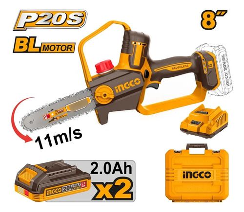 Motosierra P20s 20v 8 + 2 Bat+ Carg. Ingco Cgsli20882 Amarillo Y Negro - Imagen 2