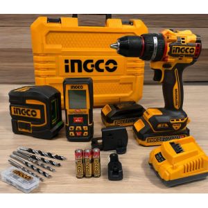 Kit Taladro Atornillador Percu + Nivel Y Medidor Láser Ingco