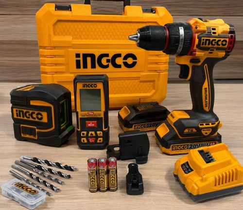 Kit Taladro Atornillador Percu + Nivel Y Medidor Láser Ingco