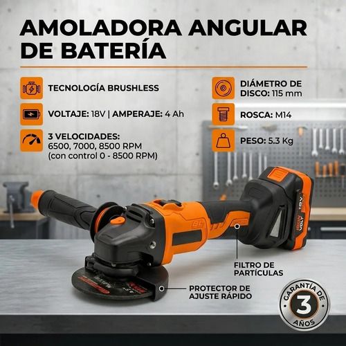 Amoladora Angular 115mm A Bateria C/2 Bat 4.0amp + Cargador Negro 50 - Imagen 2