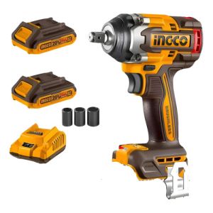 Llave De Impacto Ingco 20v, 500nm + 2 Bateria + Cargador Amarillo 50hz 6hz