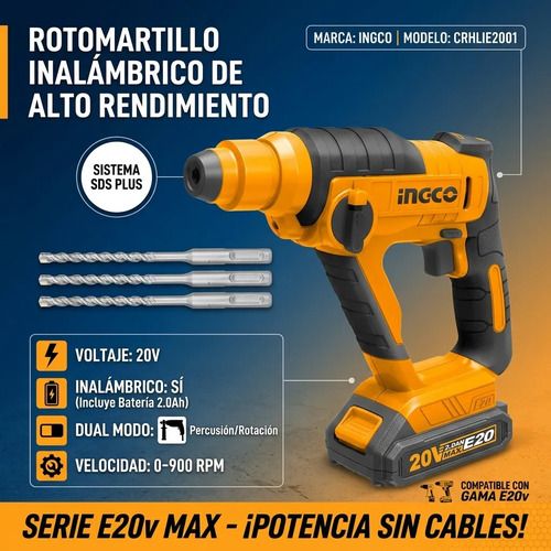 Rotomartillo A Bateria E20 Ingco Crhlie2001 Mara + Regalo Amarillo - Imagen 3