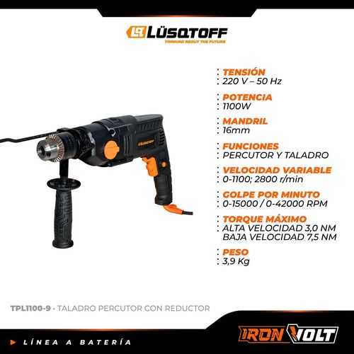 Taladro Percutor Eléctrico Profesional Lusqtoff 42000rpm 1100w 16mm Color Negro Frecuencia 50hz Tpl1100-9 50 Hz - Imagen 4